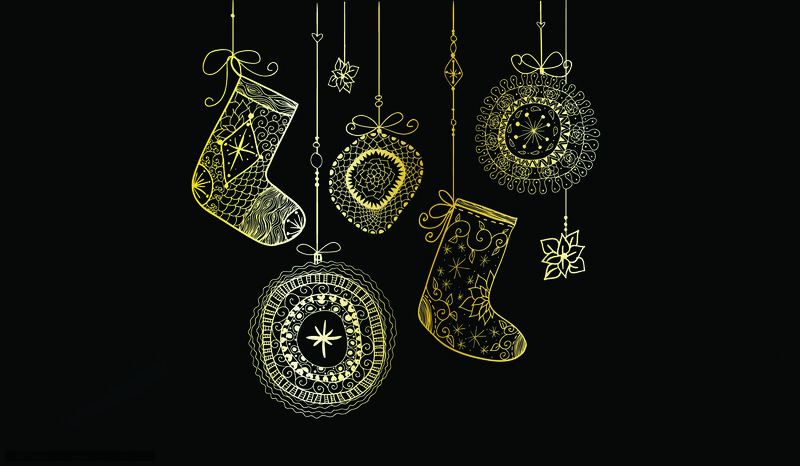 gold holiday ornaments on black