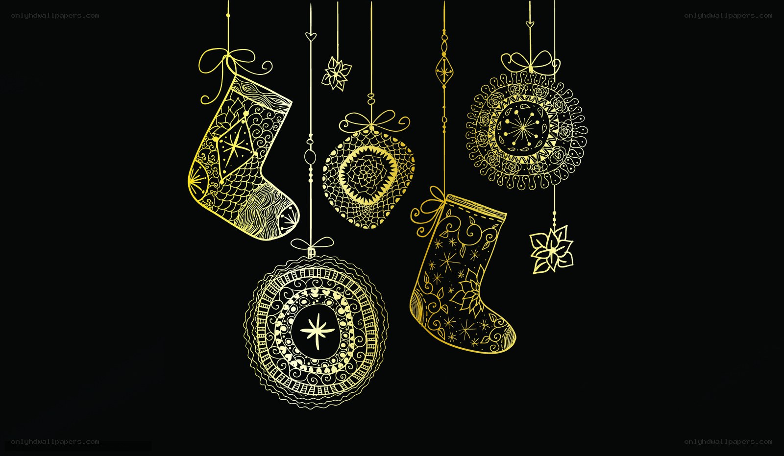 gold holiday ornaments on black