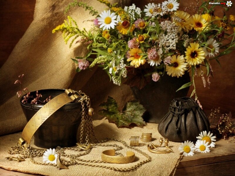 Gold Jewelry and Flowers — Brown
