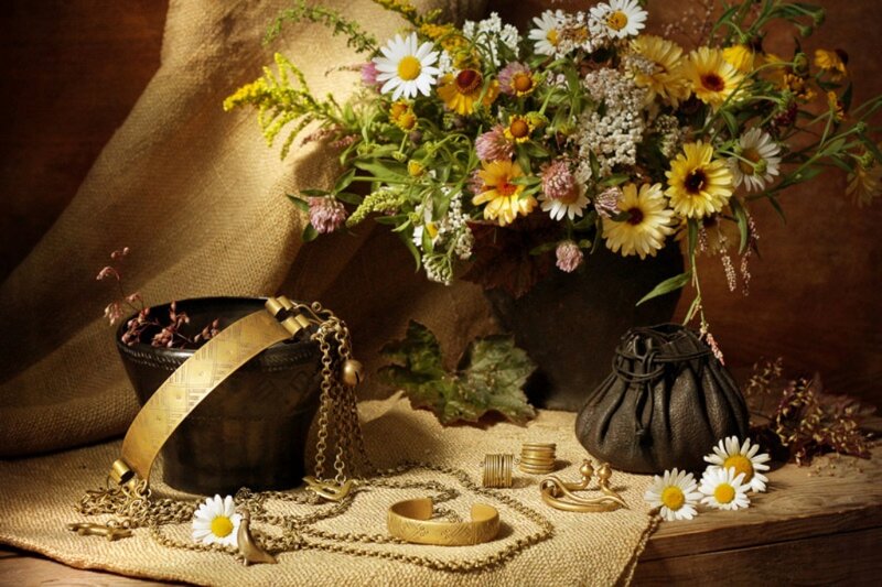 Gold Jewelry and Flowers