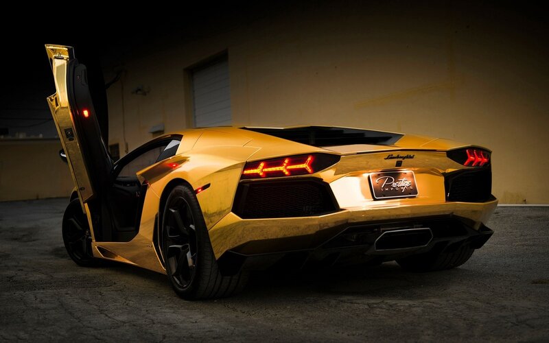 Gold Lamborghini Aventador — Dramatic, Night, Photograph