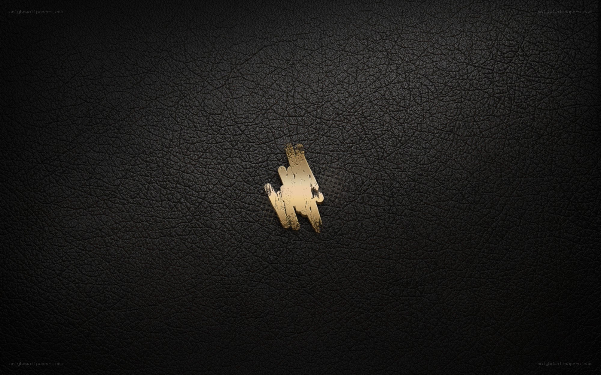 gold logo on black leather