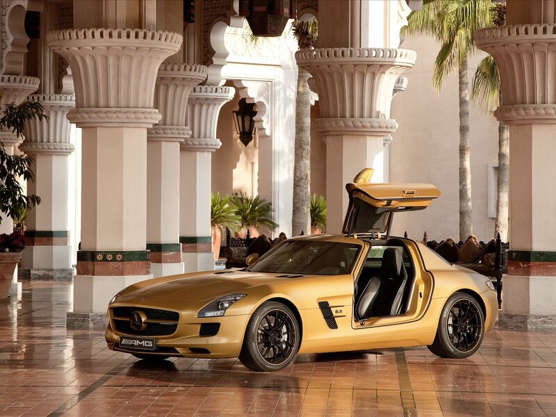 Gold Mercedes-AMG SLS parked