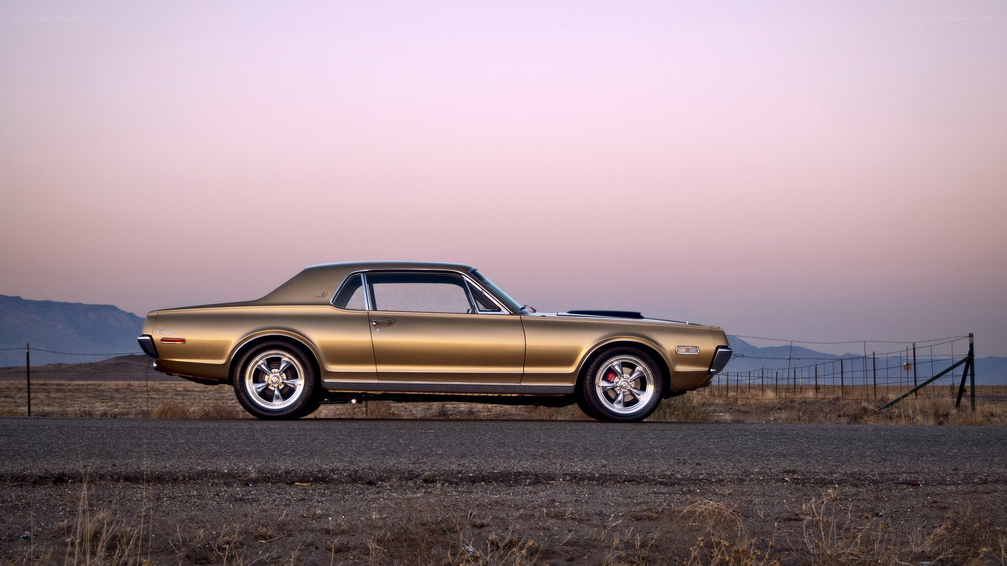 gold muscle car at sunset