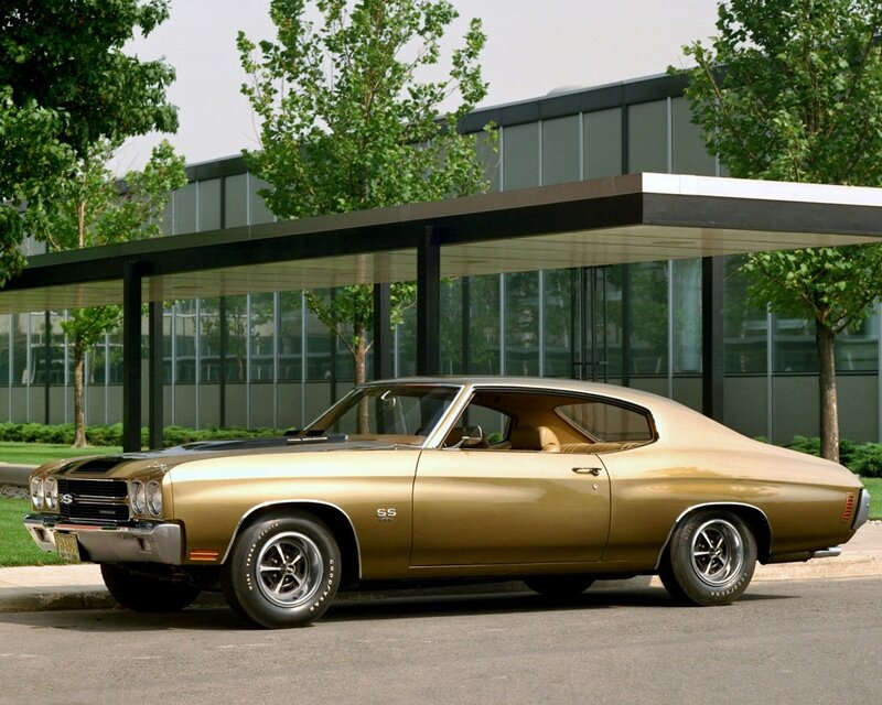 Gold Muscle Car — Calm, Afternoon, Photograph, Building