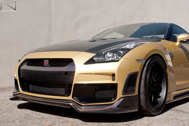 gold nissan gt-r with carbon fiber