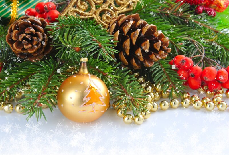 Gold Ornament on Pine Branches — Green, Festive
