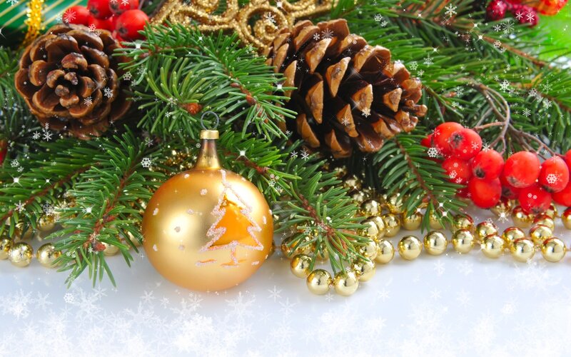 Gold Ornament on Pine Branches