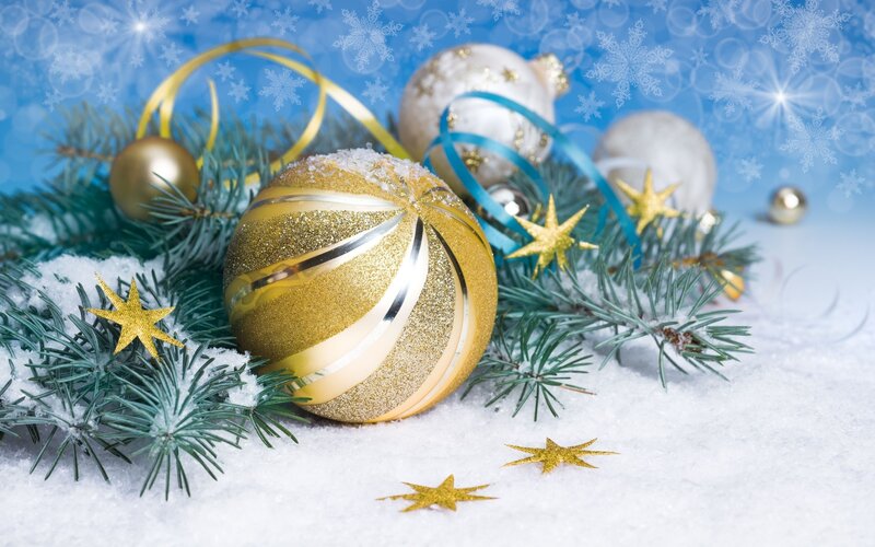 Gold Ornament on Snow — Blue, Festive, Winter