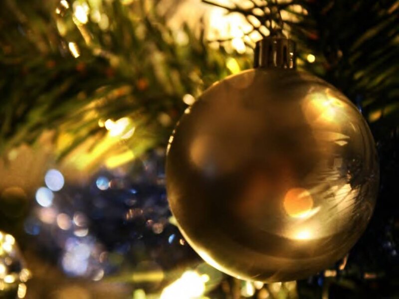 Gold Ornament on Tree — Festive, Night, Photograph