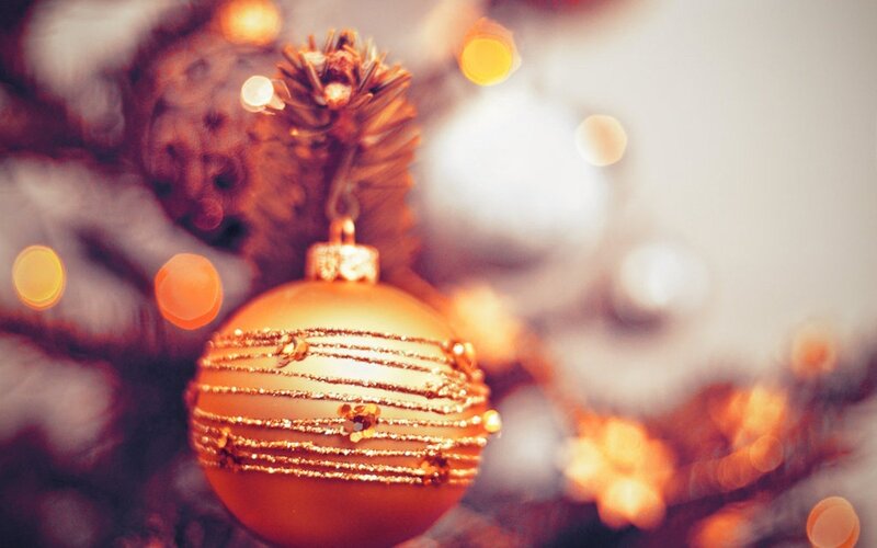 Gold Ornament on Tree — Festive, Winter, Photograph