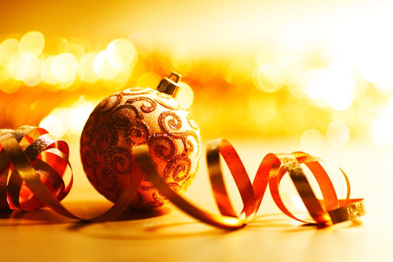 Gold Ornament with Ribbon — Festive, Photograph, Bokeh Lights