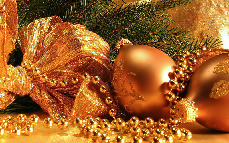 Gold Ornaments and Pine Branches