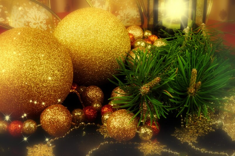 Gold Ornaments and Pine