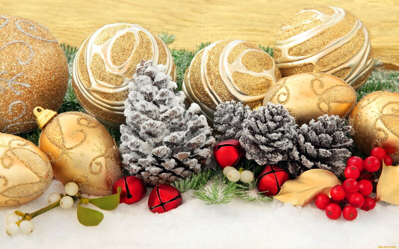 Gold Ornaments and Pinecones — Festive
