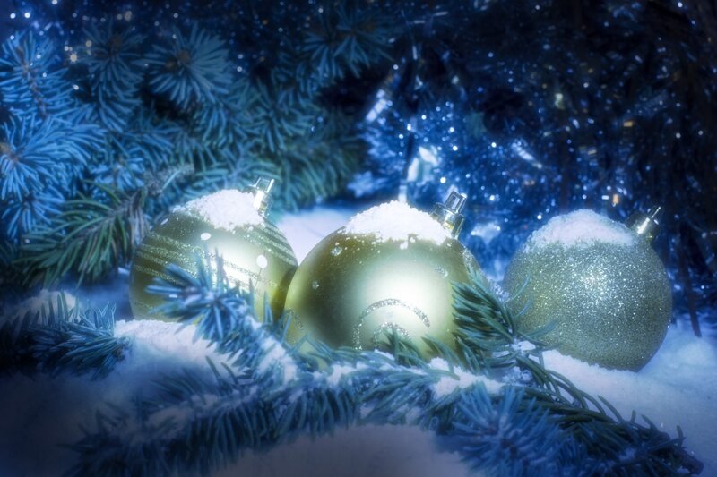 Gold Ornaments in Snow — Blue