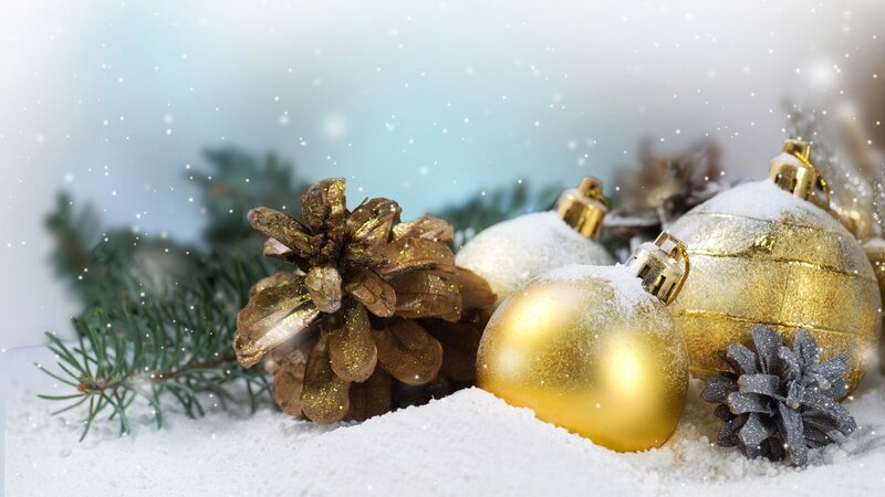 Gold Ornaments in Snow — Festive, Winter, Photograph, Pine Cones, Evergreen Branches