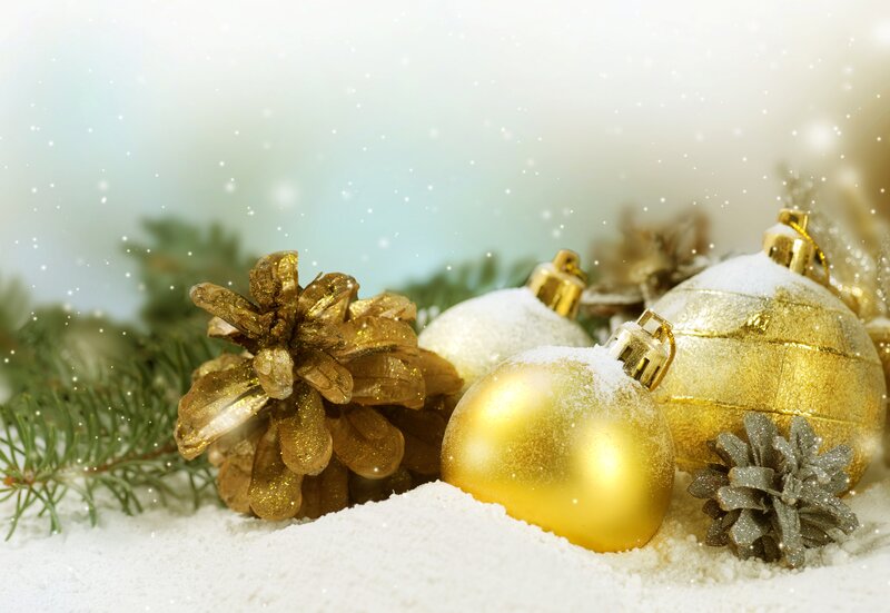Gold Ornaments in Snow — Festive, Winter, Photograph, Pine Cones