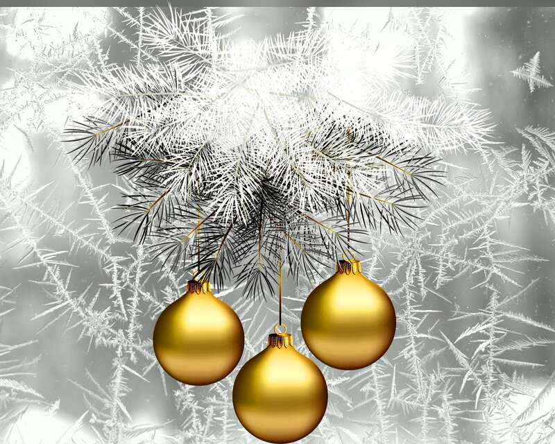 Gold Ornaments on Pine Branch — Festive