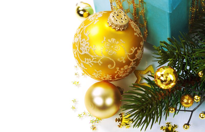 Gold Ornaments on Pine Branch