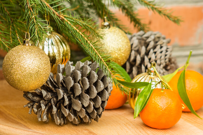 Gold Ornaments on Pine Branches — Festive, Winter, Photograph