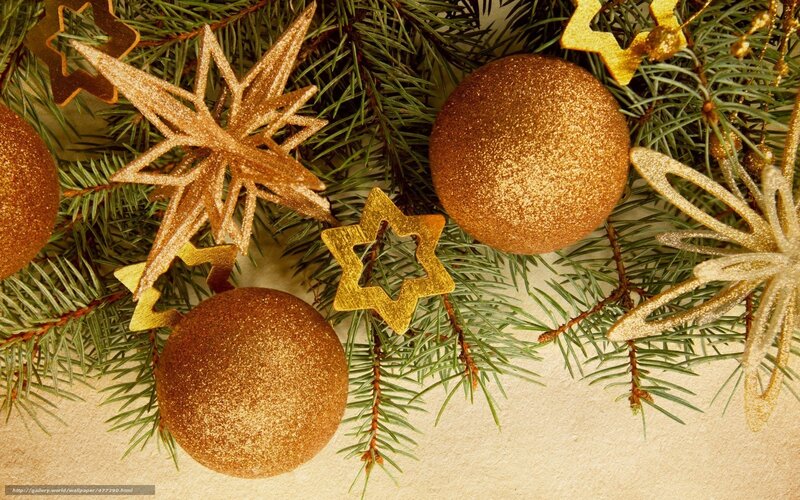 Gold Ornaments on Pine Branches — Green, Festive