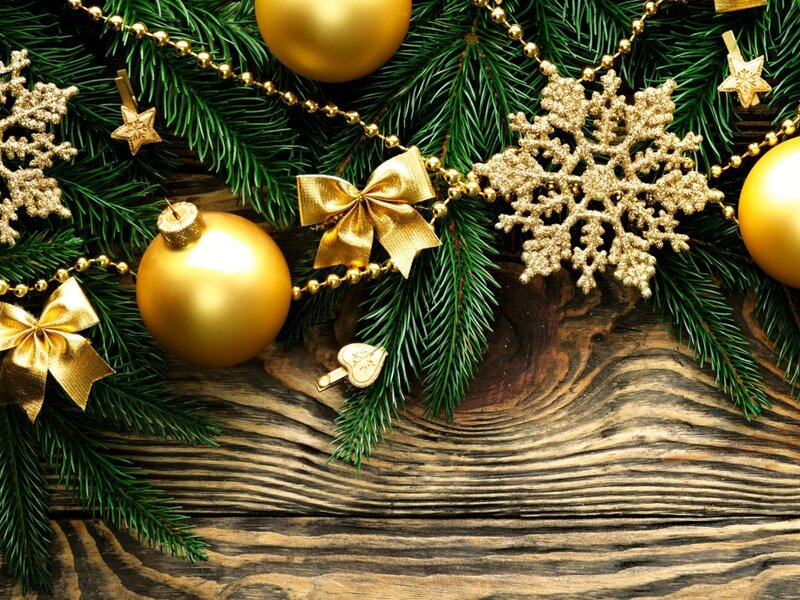 Gold Ornaments on Pine Branches — Green
