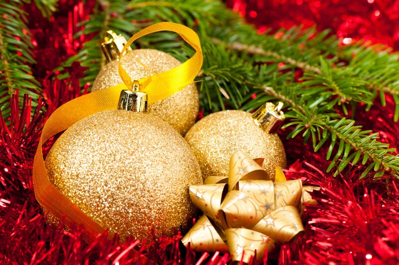 Gold Ornaments on Pine — Festive