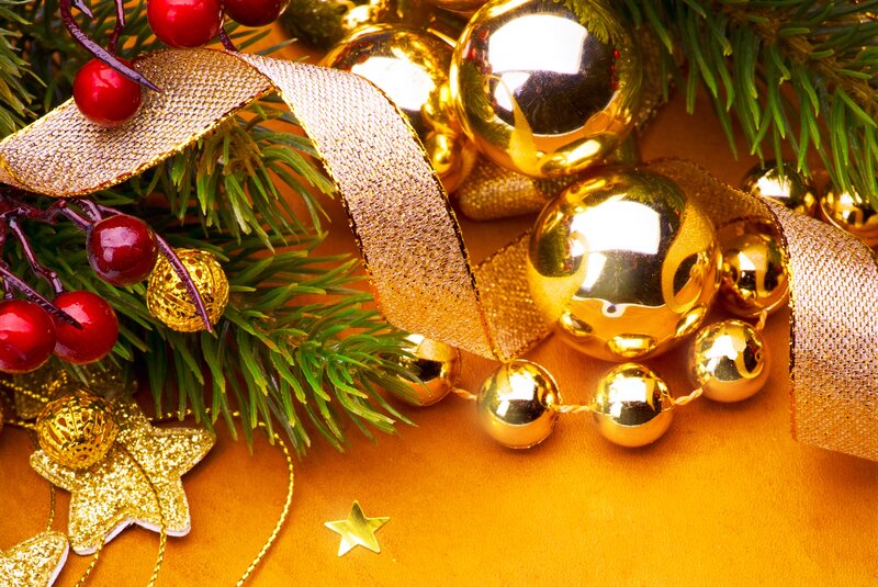Gold Ornaments on Pine — Festive, Winter, Photograph