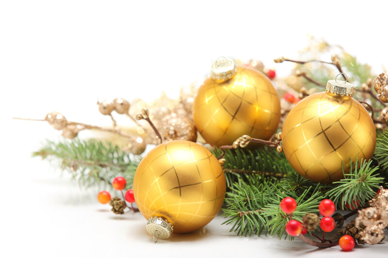 Gold Ornaments on Pine — Festive, Winter