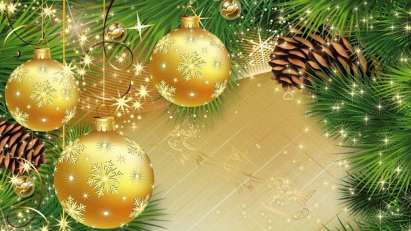 Gold Ornaments on Pine — Green