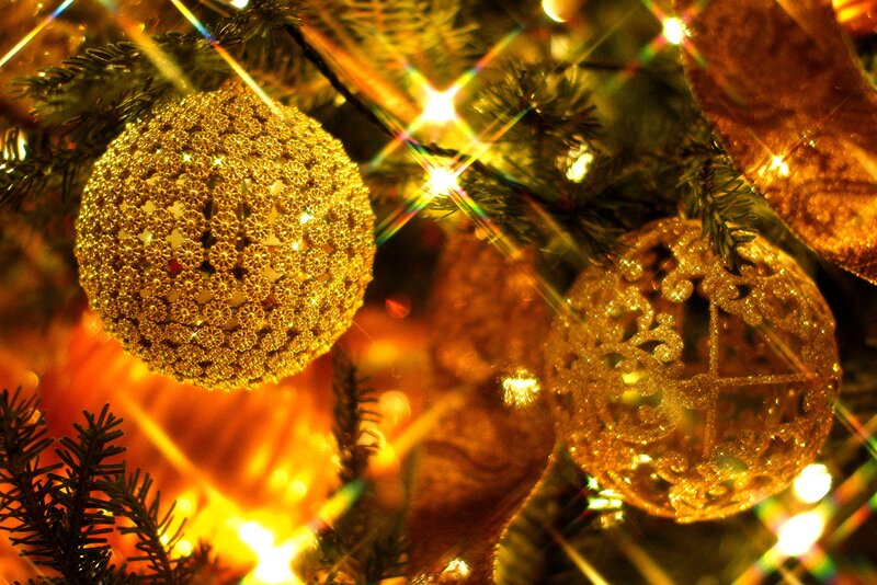 Gold Ornaments on Tree — Festive, Night