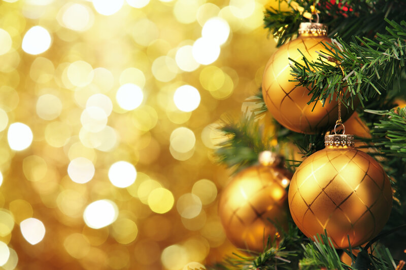 Gold Ornaments on Tree — Festive, Winter, Photograph