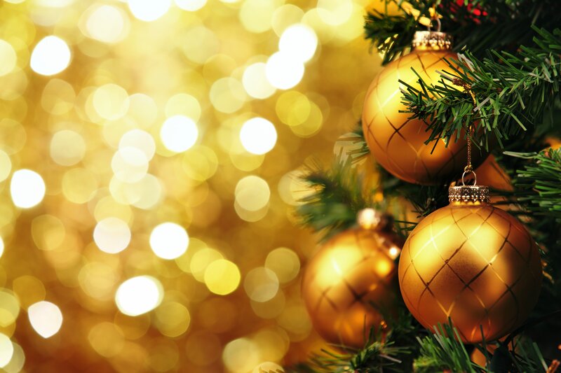 Gold Ornaments on Tree — Festive, Winter, Photograph, Tree Branches, Bokeh