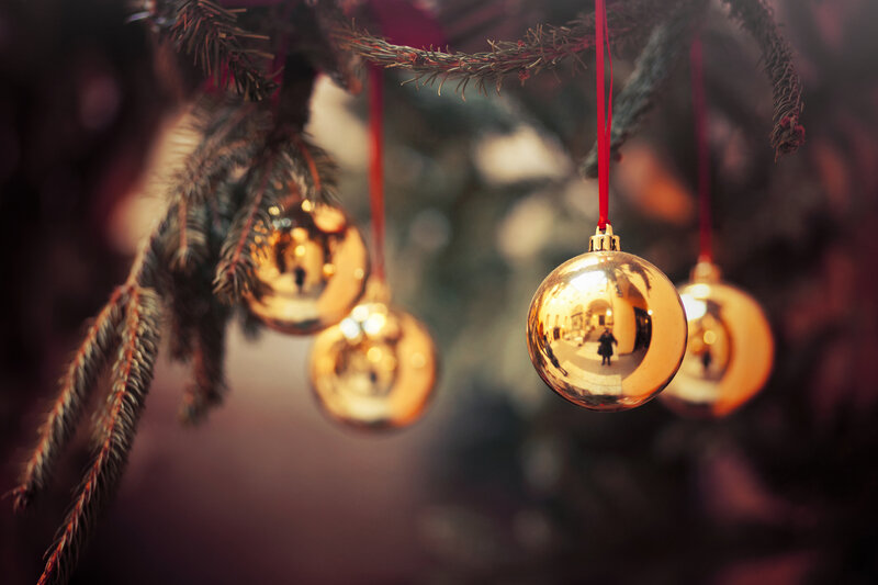 Gold Ornaments on Tree — Festive, Winter, Photograph, Tree Branches