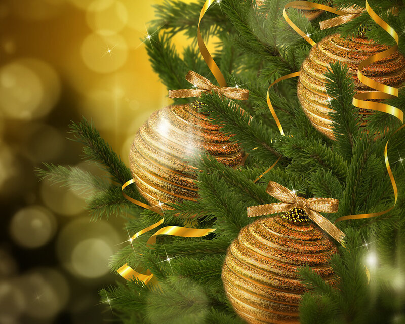 Gold Ornaments on Tree — Green, Festive, Winter, Photograph