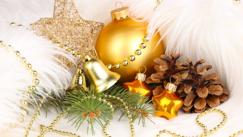 Gold Ornaments on White Fur — Festive