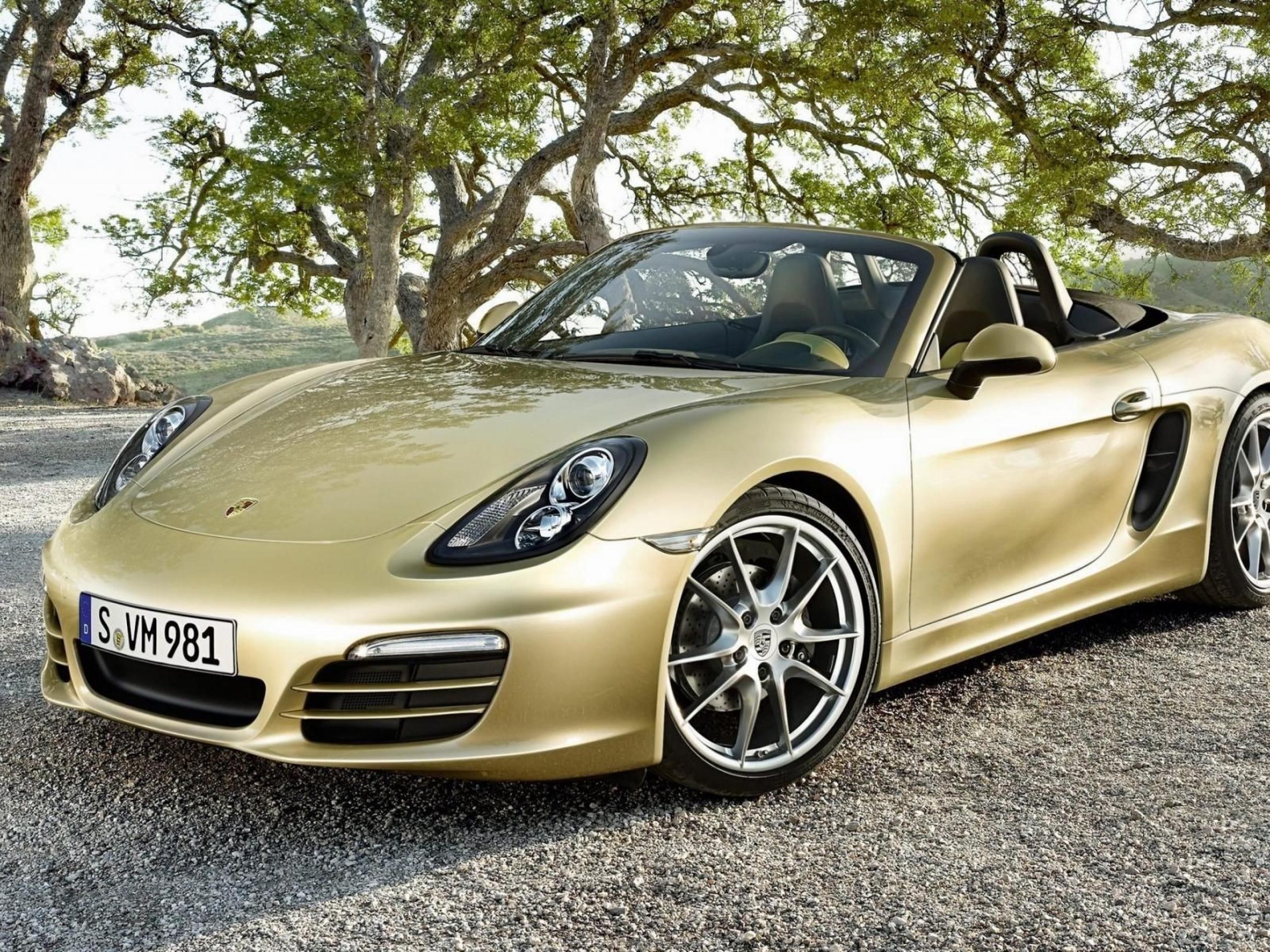 Gold Porsche Boxster parked under trees