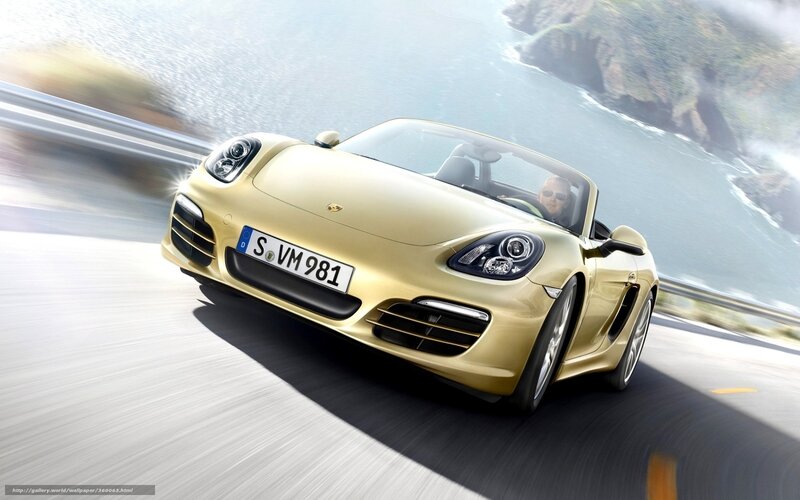 Gold Porsche driving on coastal road