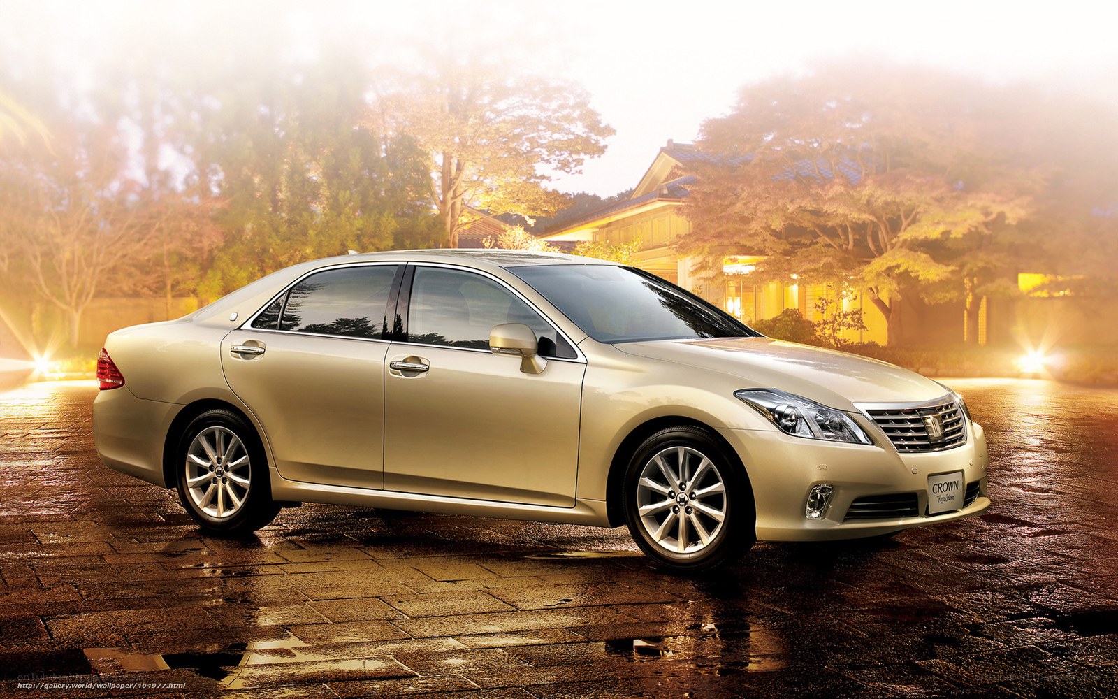 Gold sedan at dusk