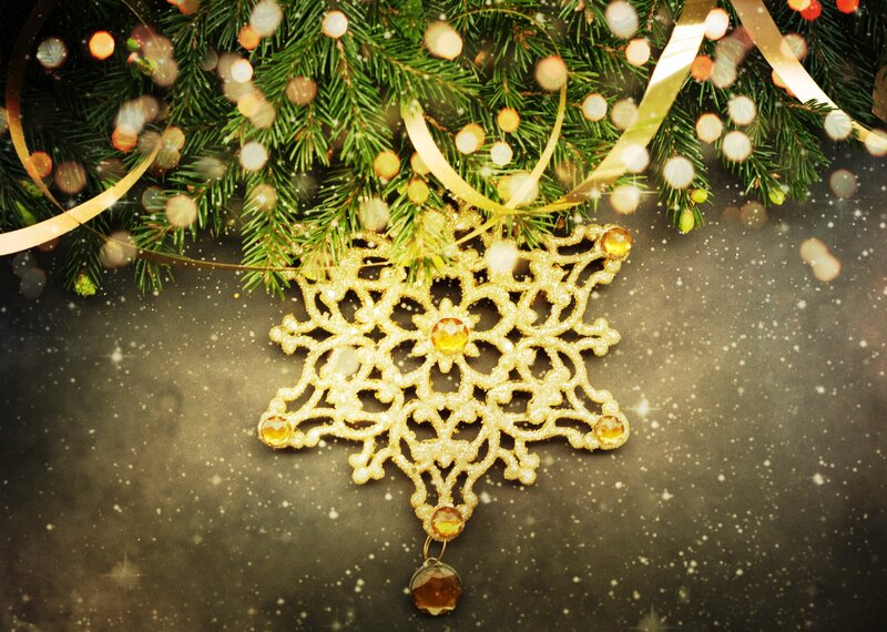 Gold Snowflake Ornament — Festive, Winter, Photograph, Pine Branches