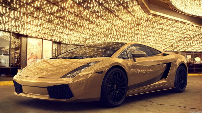 gold sports car at night