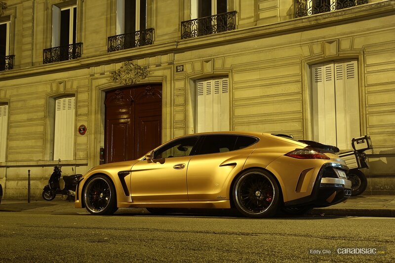 Gold Sports Car — Dramatic, Night, Photograph, Building