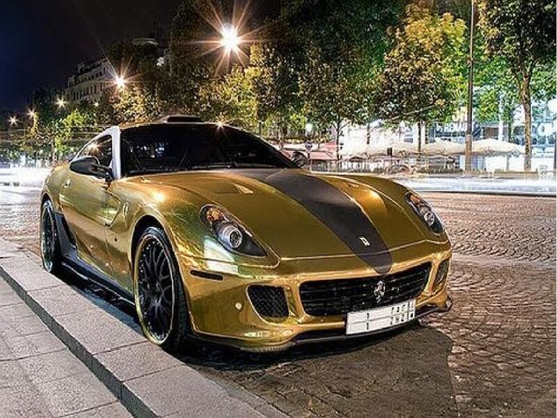 Gold Sports Car — Dramatic, Night, Photograph, Street, Trees