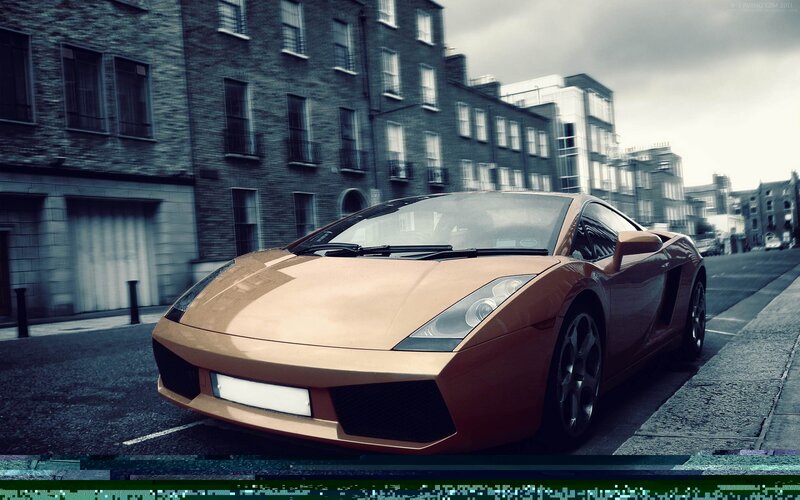 Gold Sports Car — Dramatic, Photograph, Building, Street