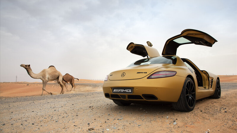 Gold Sports Car in Desert — Dramatic