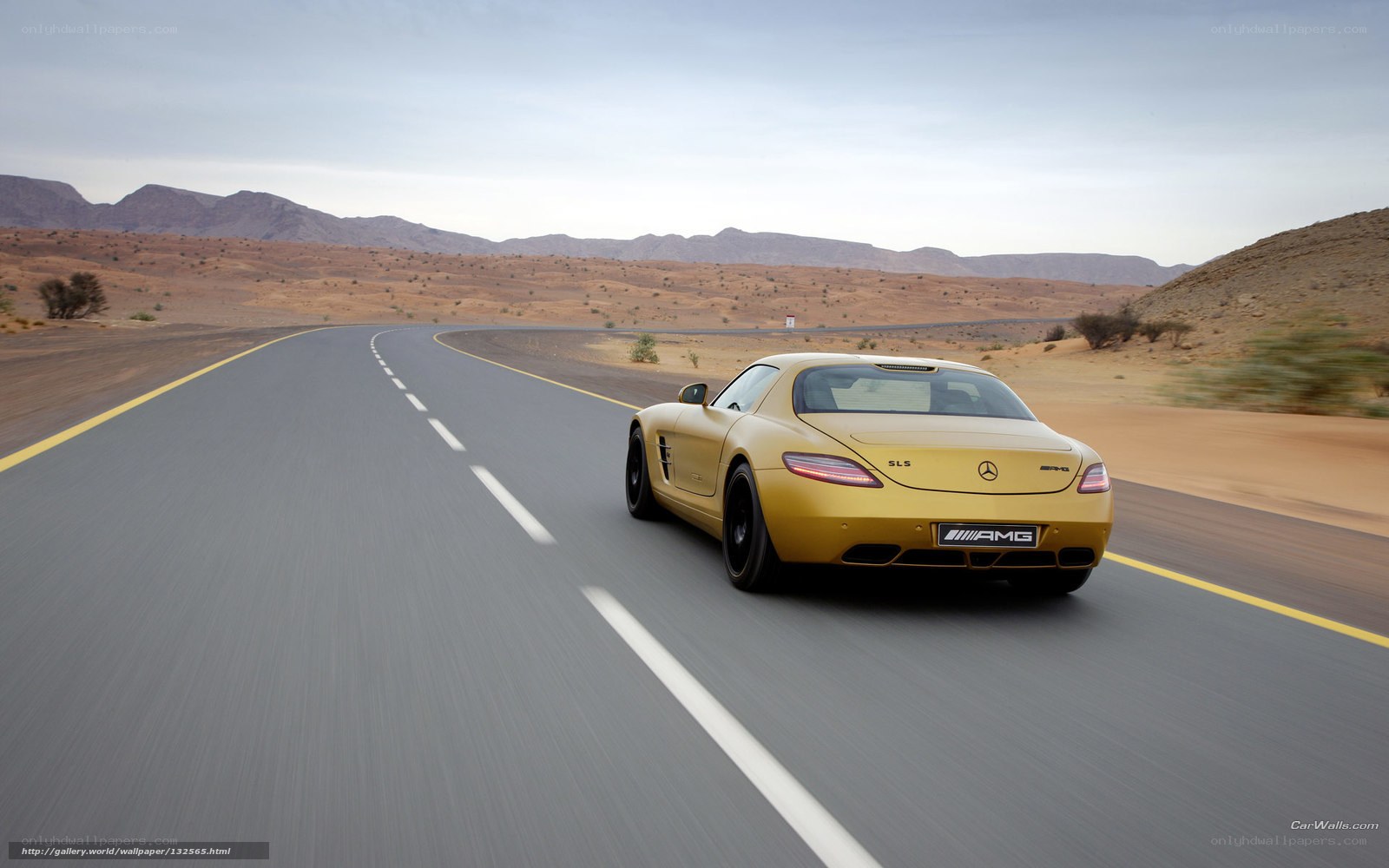 Gold sports car on desert road