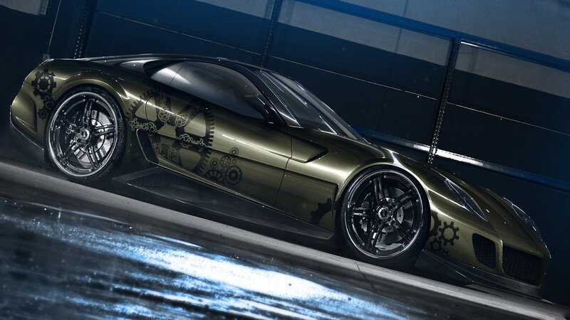 gold sports car with gears