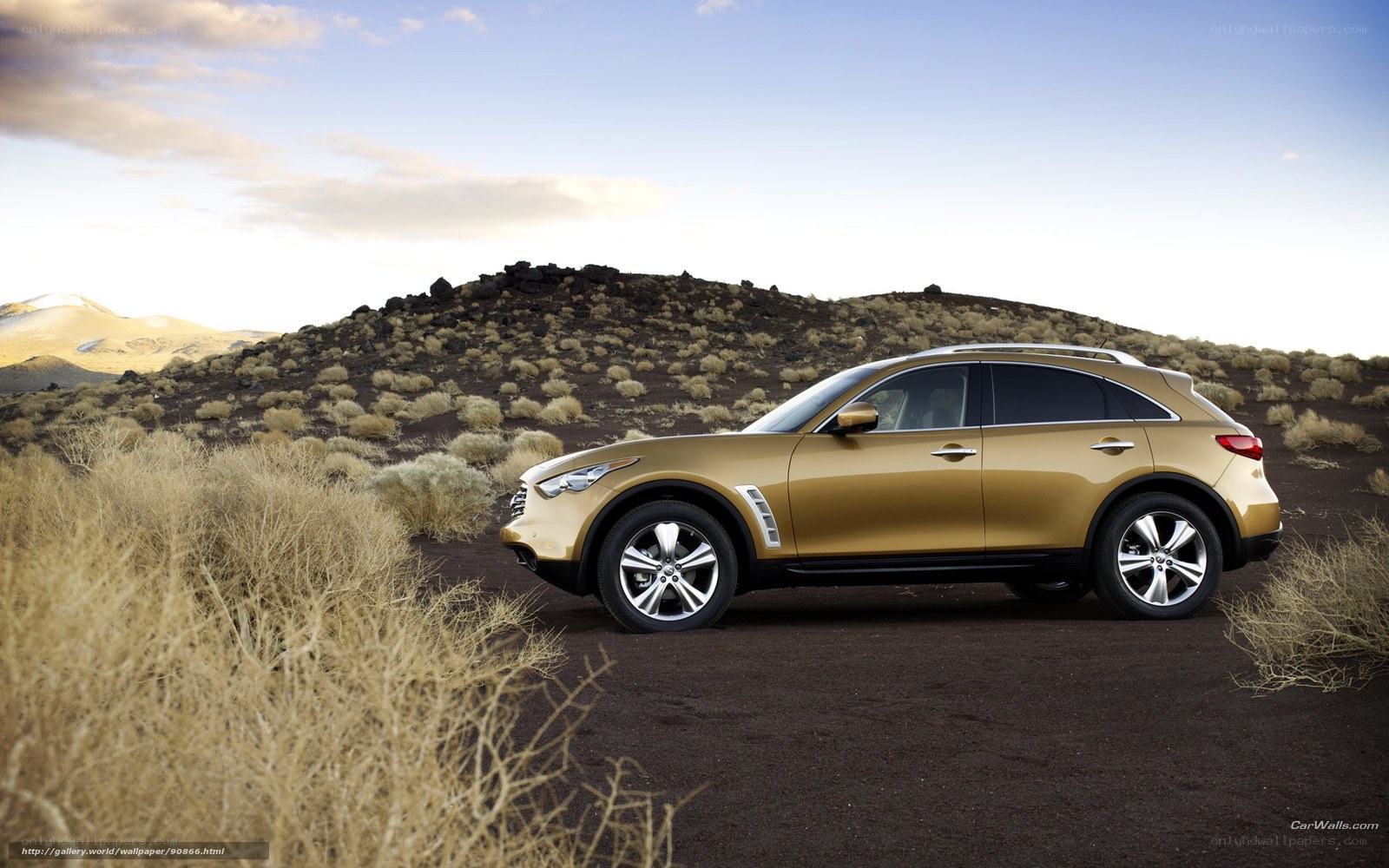 gold suv in desert landscape