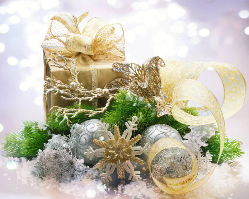 Gold-wrapped Gift with Ornaments